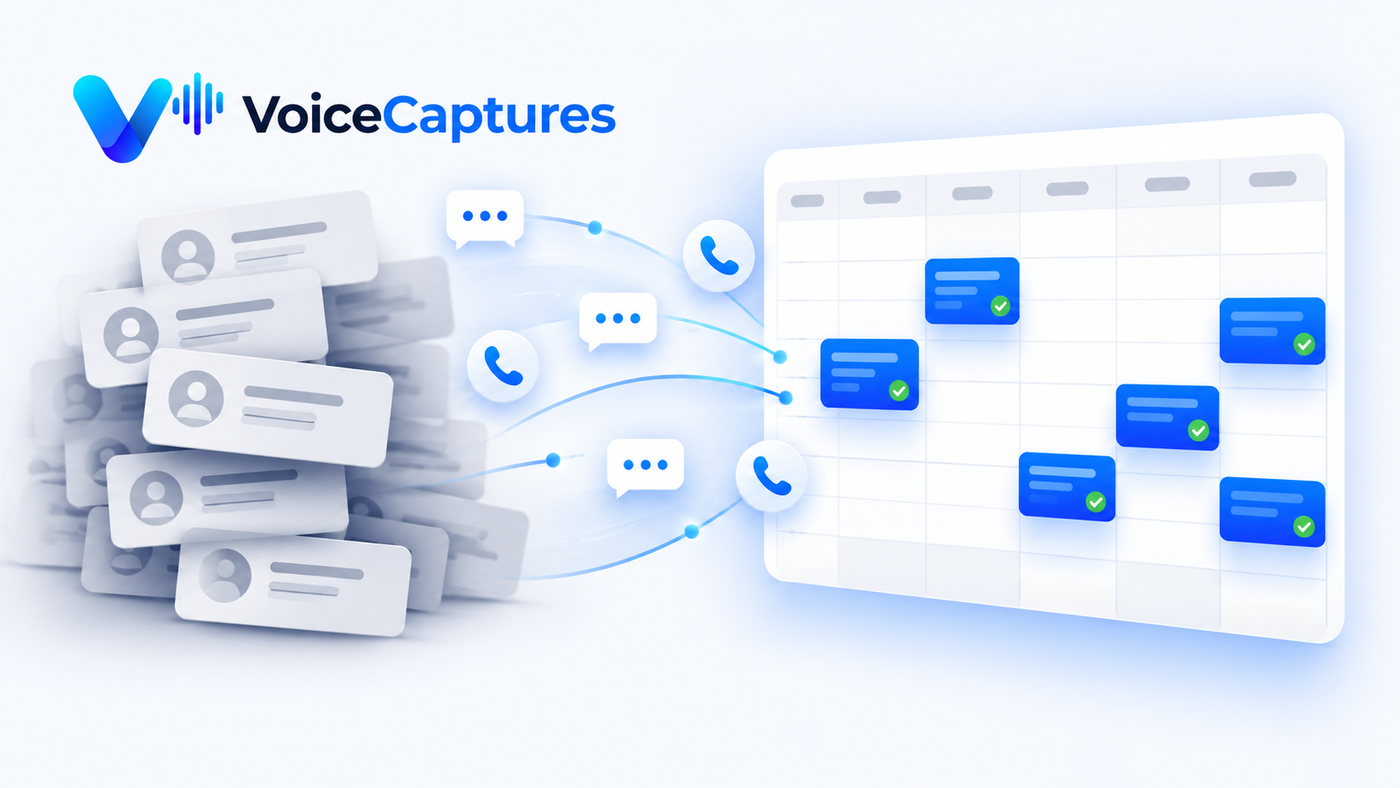 A stack of past-customer records on the left, connected by text and call icons to booked appointments filling a calendar on the right.